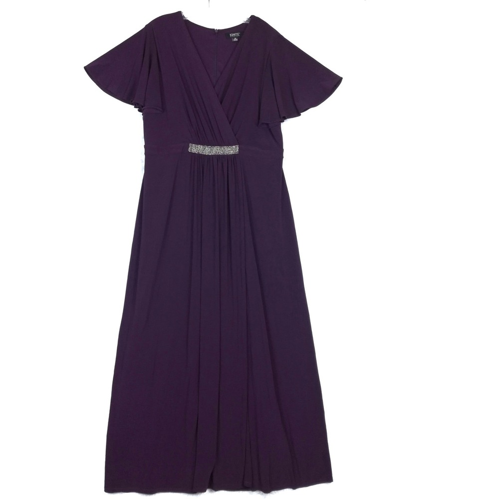 Ignite Evenings Womens Dress Purple Maxi Flutter Sleeve Beaded Plus 18 New